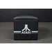 Atari PONG Mechanical Table Home Edition, end panel view with door closed, Atari logo, black upholstered side.