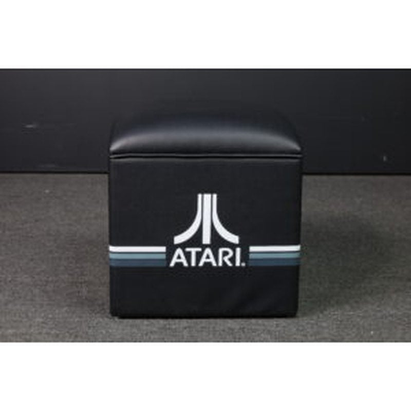 Atari PONG Mechanical Table Home Edition, end panel view with door closed, Atari logo, black upholstered side.