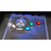 Alan-1 Avian Knights arcade cabinet control panel, player one station, showing the ball top joystick and the three LED buttons labelled BIRD ATTACK in blue, FLAP in green and LAY EGG THROW in red, with the J-Bird knight character art and blue castle border.
