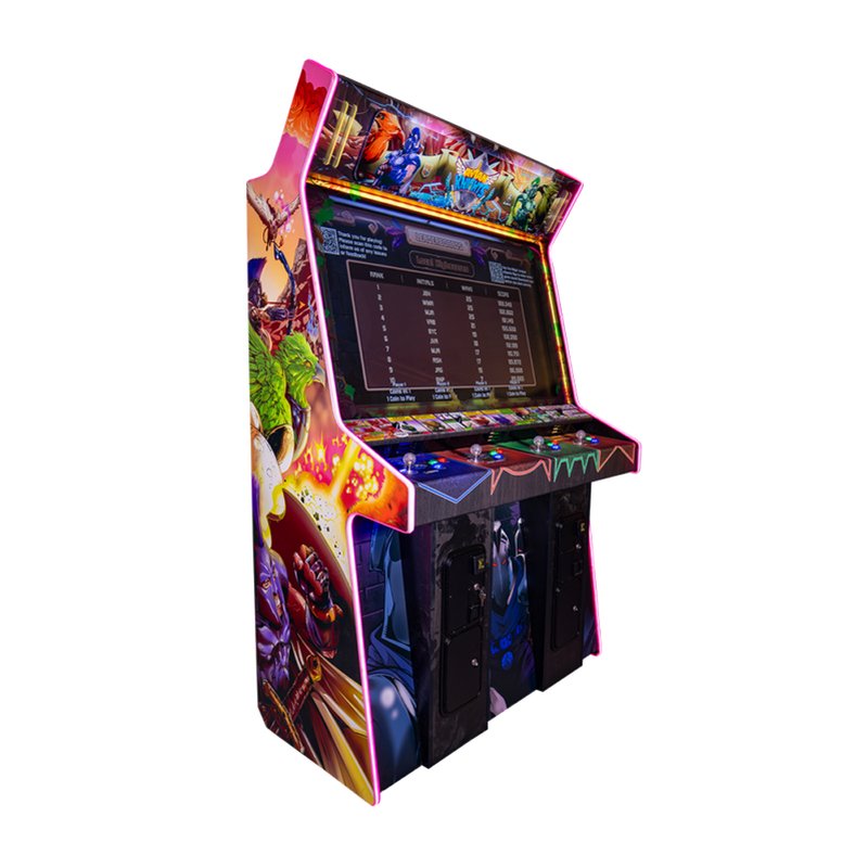 Avian Knights Deluxe 4-Player Arcade Cabinet front view showing full width cabinet, RGB LED T-molding, 55-inch monitor, four control stations, illuminated marquee, and side artwork.