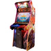 Alan-1 Avian Knights Pro+ 2 player arcade cabinet, front three quarter view from the opposite side showing the lit RGB LED T-molding running the cabinet profile and the hand drawn comic book artwork on the left side panel.