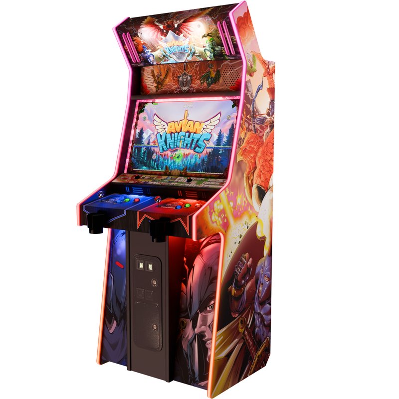 Alan-1 Avian Knights Pro+ 2 player arcade cabinet, front three quarter view from the opposite side showing the lit RGB LED T-molding running the cabinet profile and the hand drawn comic book artwork on the left side panel.