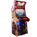 Alan-1 Avian Knights Pro+ 2 player arcade cabinet, front three quarter view showing the RGB LED T-molding lit around the full cabinet edge, the illuminated marquee, the 32 inch monitor and the hand drawn comic book artwork on the right side panel.