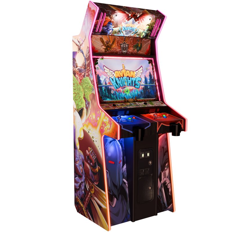 Alan-1 Avian Knights Pro+ 2 player arcade cabinet, front three quarter view showing the RGB LED T-molding lit around the full cabinet edge, the illuminated marquee, the 32 inch monitor and the hand drawn comic book artwork on the right side panel.