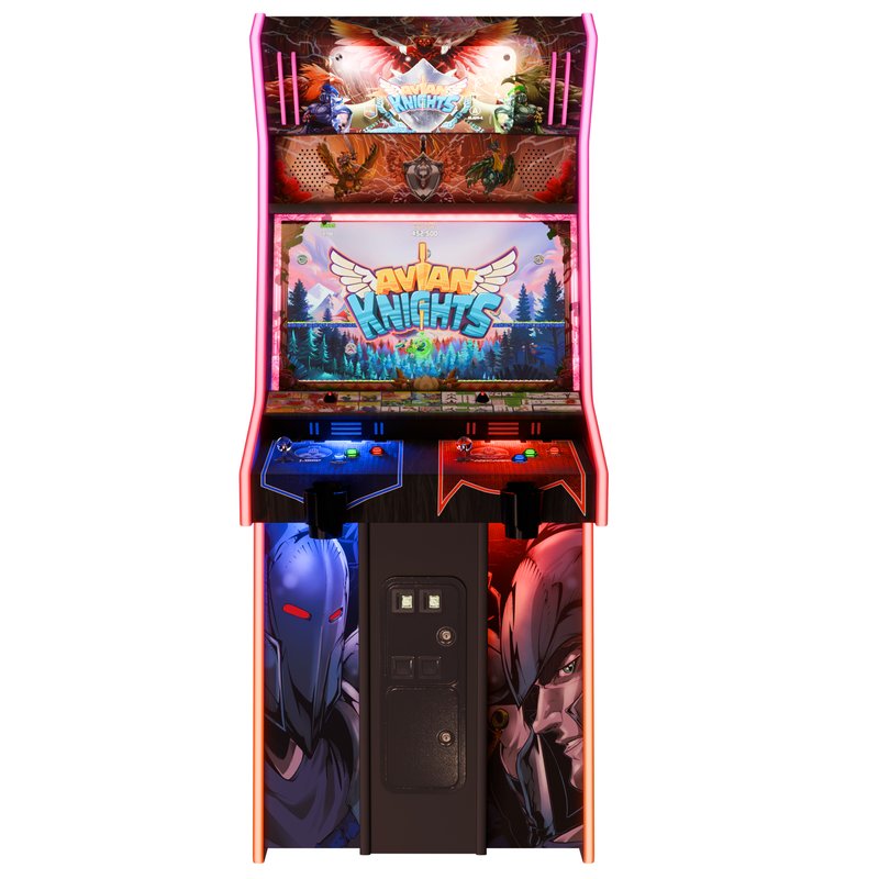 Alan-1 Avian Knights Pro+ 2 player arcade cabinet, straight on front view with the RGB LED T-molding outlining the cabinet, the illuminated Avian Knights marquee, the 32 inch monitor, the blue player one and red player two control stations and the central coin door.