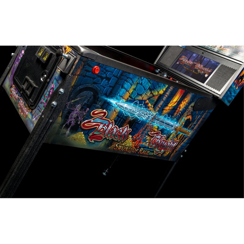 Stern Black Knight Sword of Rage Pro Pinball Machine, side cabinet art and backbox LCD corner, coin door above.
