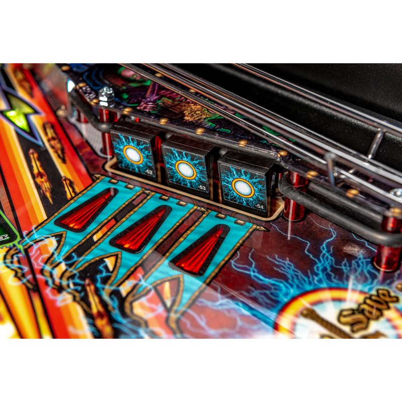 Stern Black Knight Sword of Rage Pro Pinball Machine, close-up of 3 bank drop targets and Skeleton Lane spinning targets.