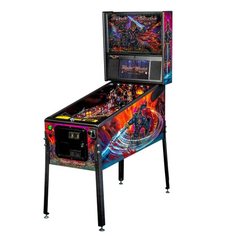 Stern Black Knight Sword of Rage Premium, full cabinet from the front right, showing the Swordsman side art, backbox and playfield
