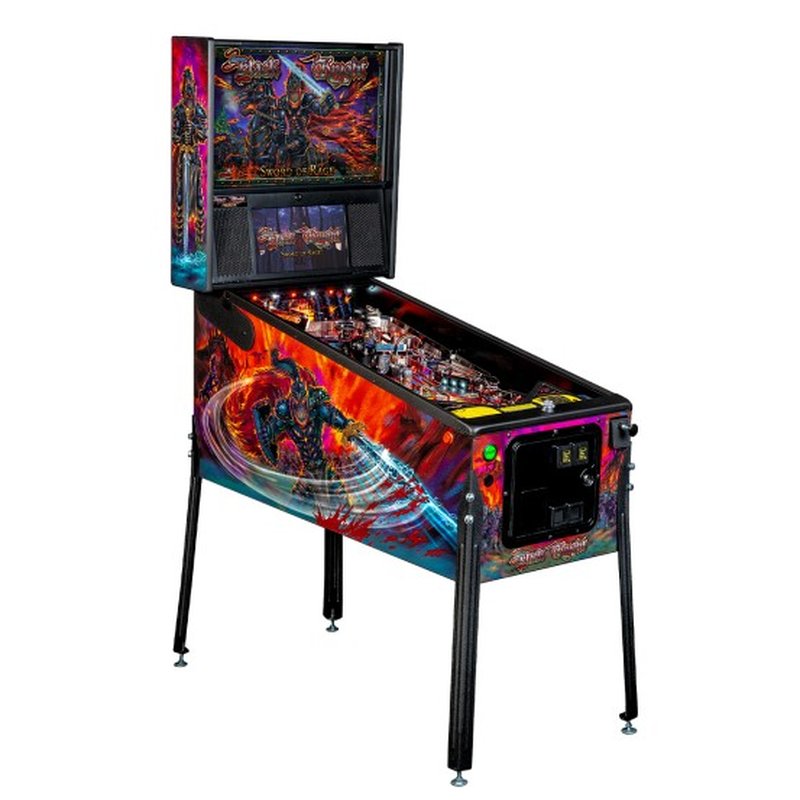Stern Black Knight Sword of Rage Premium, full cabinet from the front left, showing the Swordsman side art, backbox and playfield