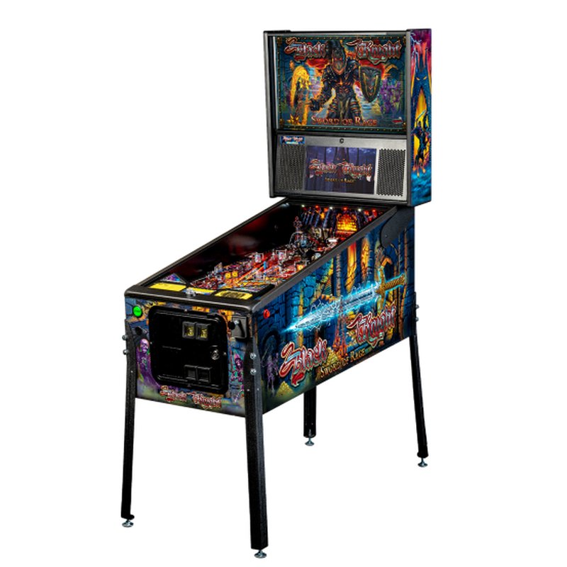 Stern Black Knight Sword of Rage Pro Pinball Machine, full cabinet from the front right, showing the side art, backbox and playfield.