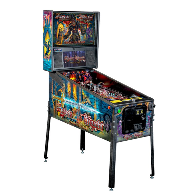 Stern Black Knight Sword of Rage Pro Pinball Machine, full cabinet from the front left, showing the side art, backbox and playfield.