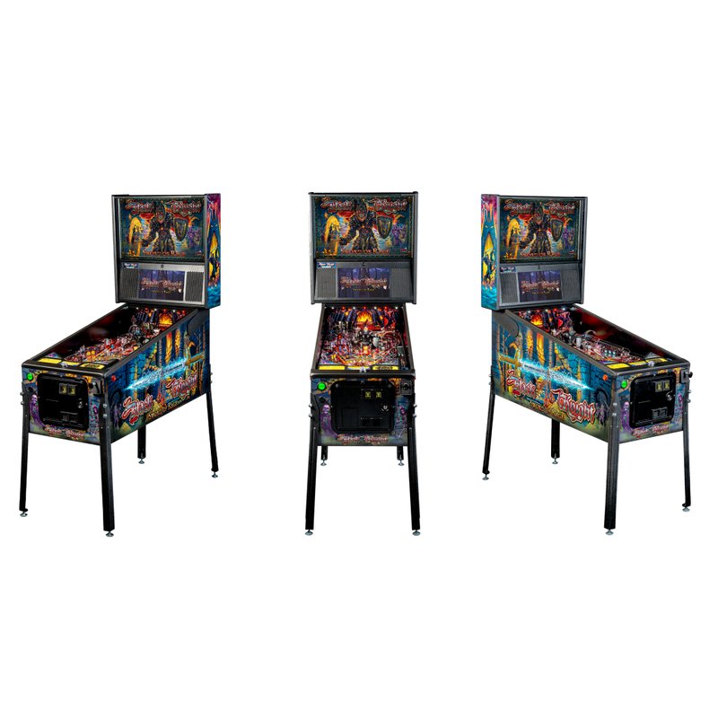 Stern Black Knight Sword of Rage Pro Pinball Machine, three views of cabinet from different angles.