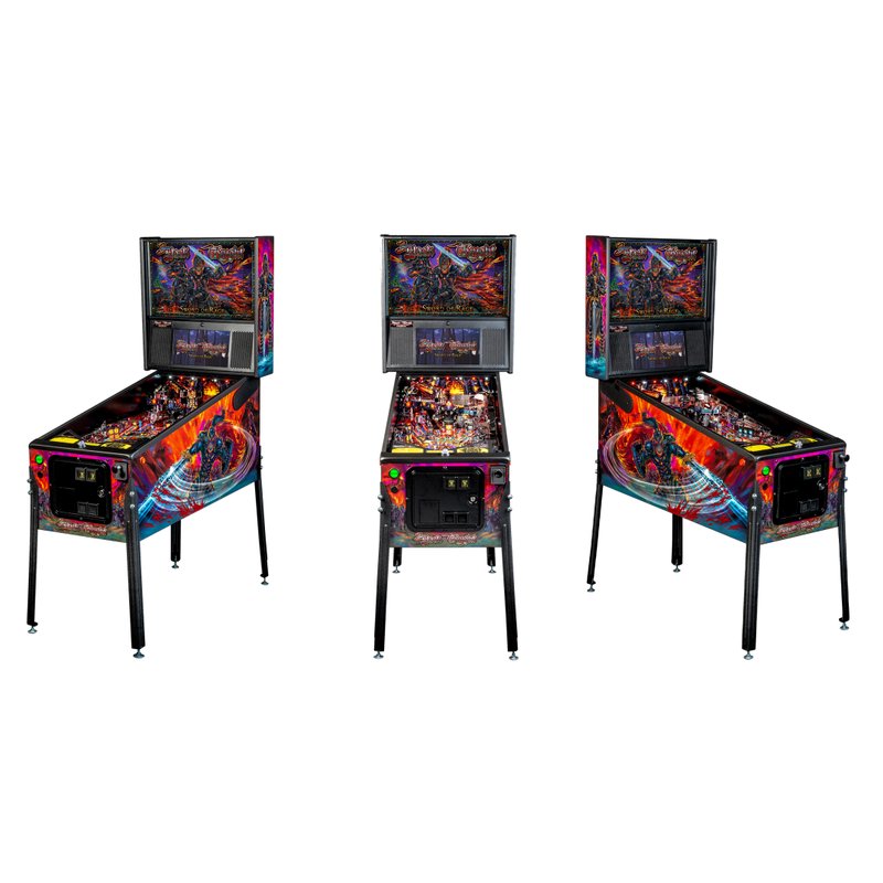 Stern Black Knight Sword of Rage Premium, shown from three angles: backbox, playfield, and cabinet art.