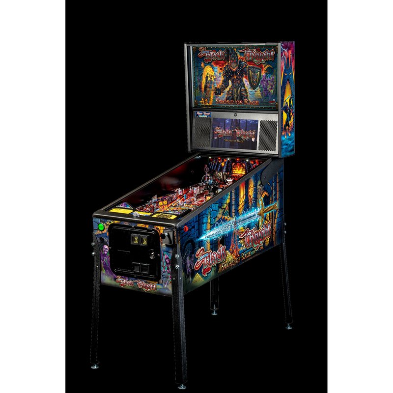 Stern Black Knight Sword of Rage Premium, full cabinet angled view showing backbox, playfield and cabinet side art.