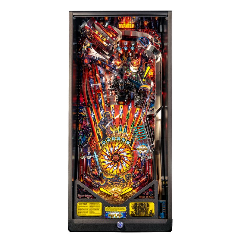 Stern Black Knight Sword of Rage Premium, full playfield with Black Knight toy, upper playfield, drop targets, pop bumpers.