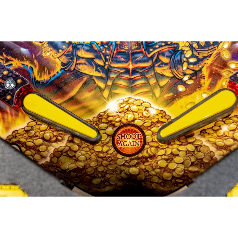 Stern Black Knight Sword of Rage Premium, playfield detail with flippers, gold coin art, and Shoot Again lit insert.