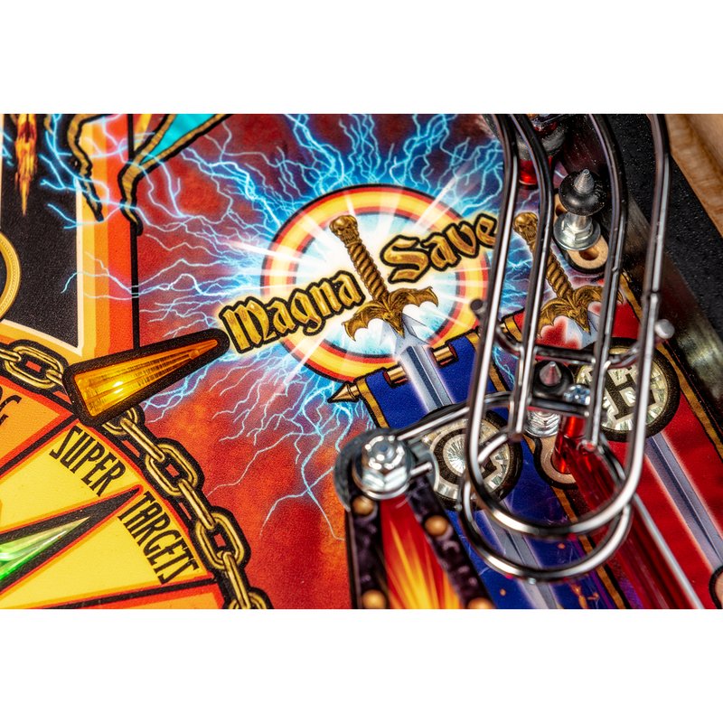 Stern Black Knight Sword of Rage Pro Pinball Machine, close-up of Magna-Save artwork, lightning graphics, and flipper mechanism.