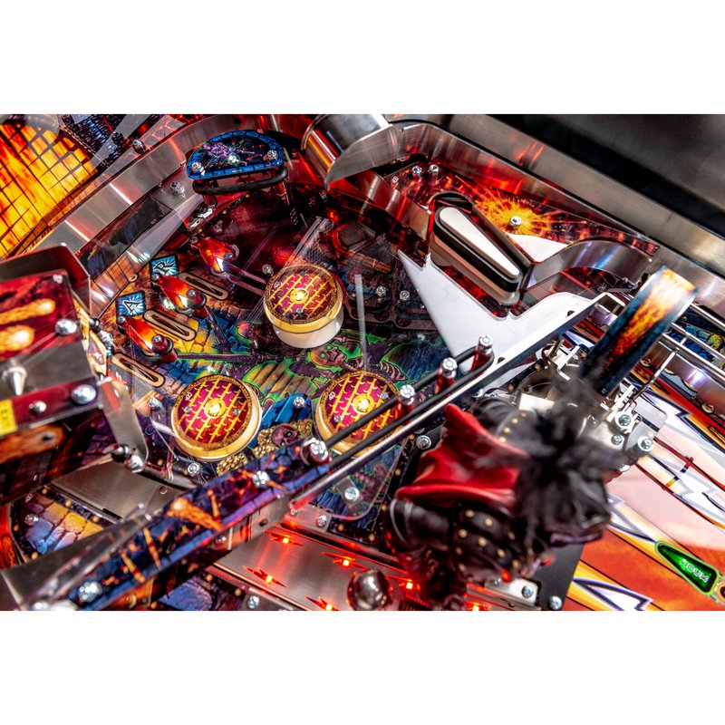 Stern Black Knight Sword of Rage Premium, upper playfield area with drop targets, pop bumpers, and Black Knight toy glove.