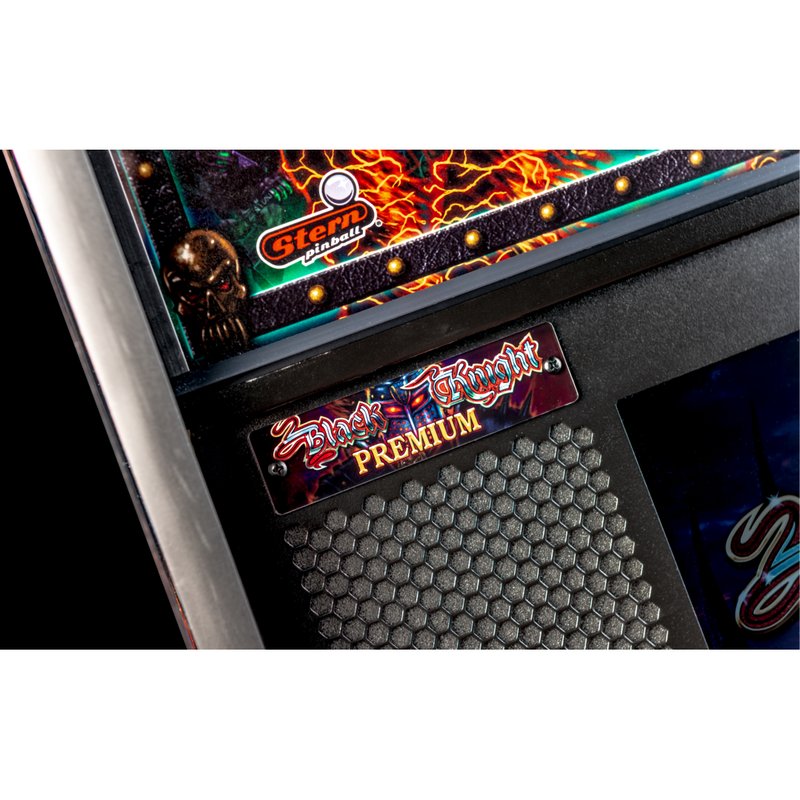 Stern Black Knight Sword of Rage Premium, nameplate and speaker grille below playfield glass.