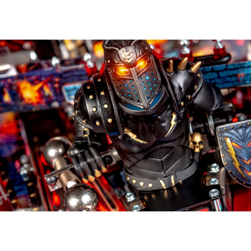 Stern Black Knight Sword of Rage Premium, toy close up, lit eyes and spiked armor.