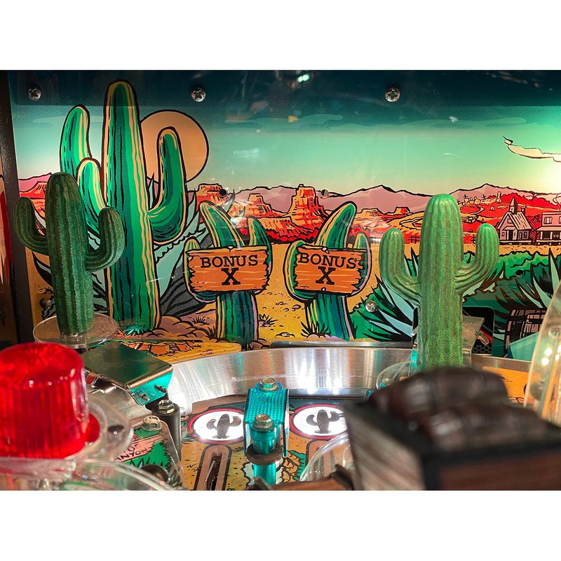 Chicago Gaming Cactus Canyon Remake Special Edition pinball machine playfield and backglass, commercial coin-operated game showing western desert themed graphics and bonus multiplier targets image