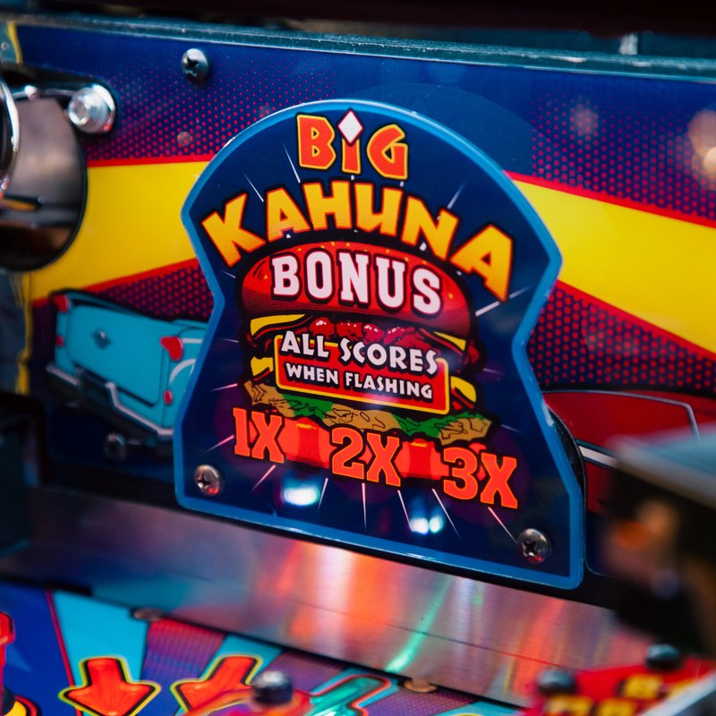 Chicago Gaming Big Kahuna Bonus commercial pinball machine bonus feature display closeup showing multiplier values and scoring details image