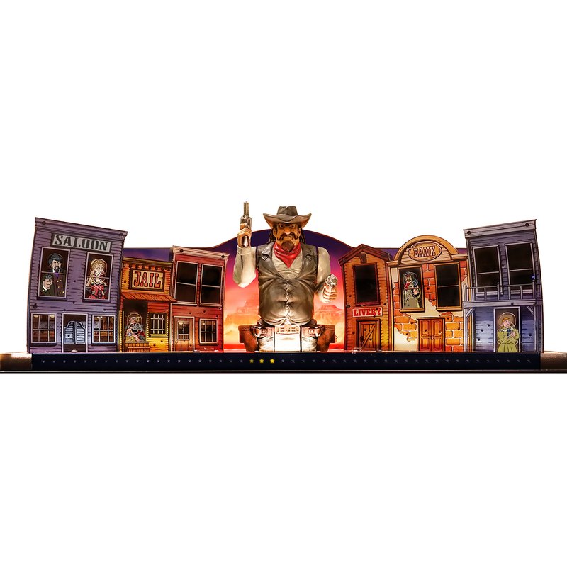 Chicago Gaming Cactus Canyon Remake Special Edition Pinball Machine backglass display showing western town setting with cowboy figure, commercial coin-operated game image