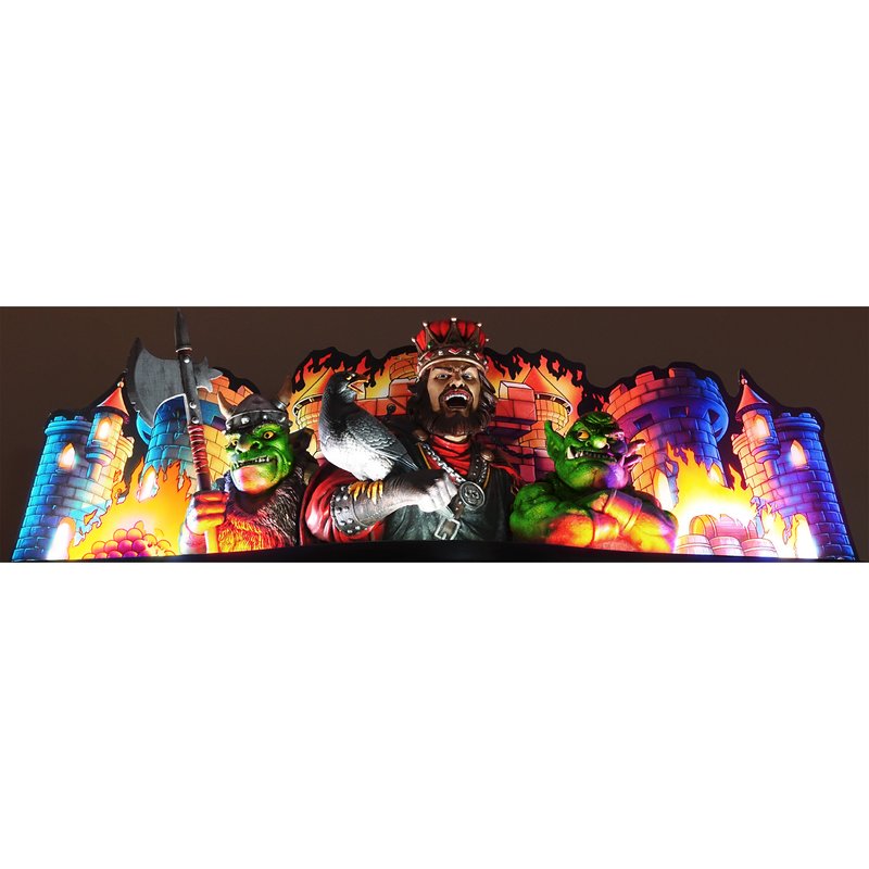 Chicago Gaming Medieval Madness Remake Merlin Edition pinball machine backglass featuring illuminated castle towers, flame effects, and character artwork