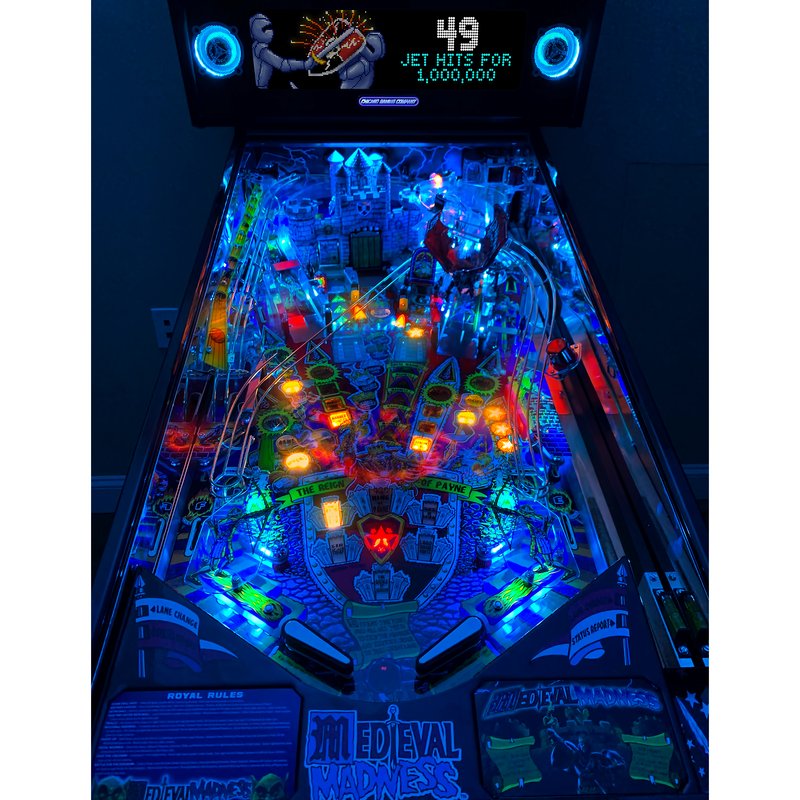 Chicago Gaming Medieval Madness Remake Merlin Edition pinball machine home model, full playfield view illuminated with LED lighting and active targets image