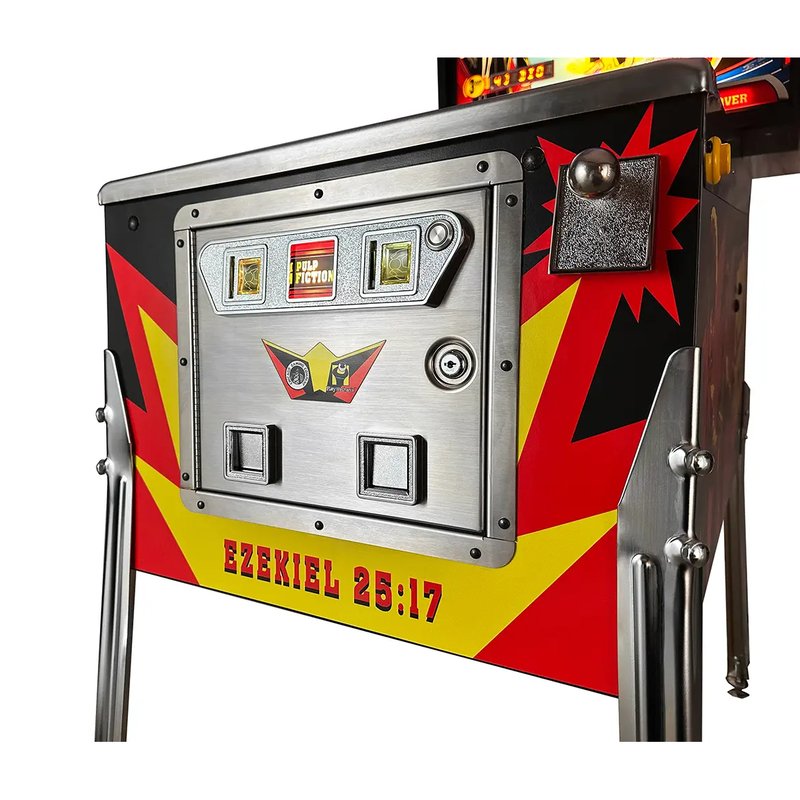 Chicago Gaming Pulp Fiction Special Edition Pinball Machine Model 21000-SE, commercial coin-operated game, front playfield view showing reel windows and drop targets