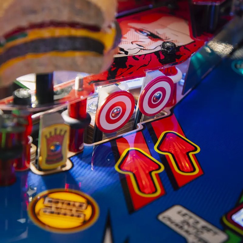 Chicago Gaming Pulp Fiction commercial pinball machine playfield showing red target buttons and arrow inserts during gameplay image
