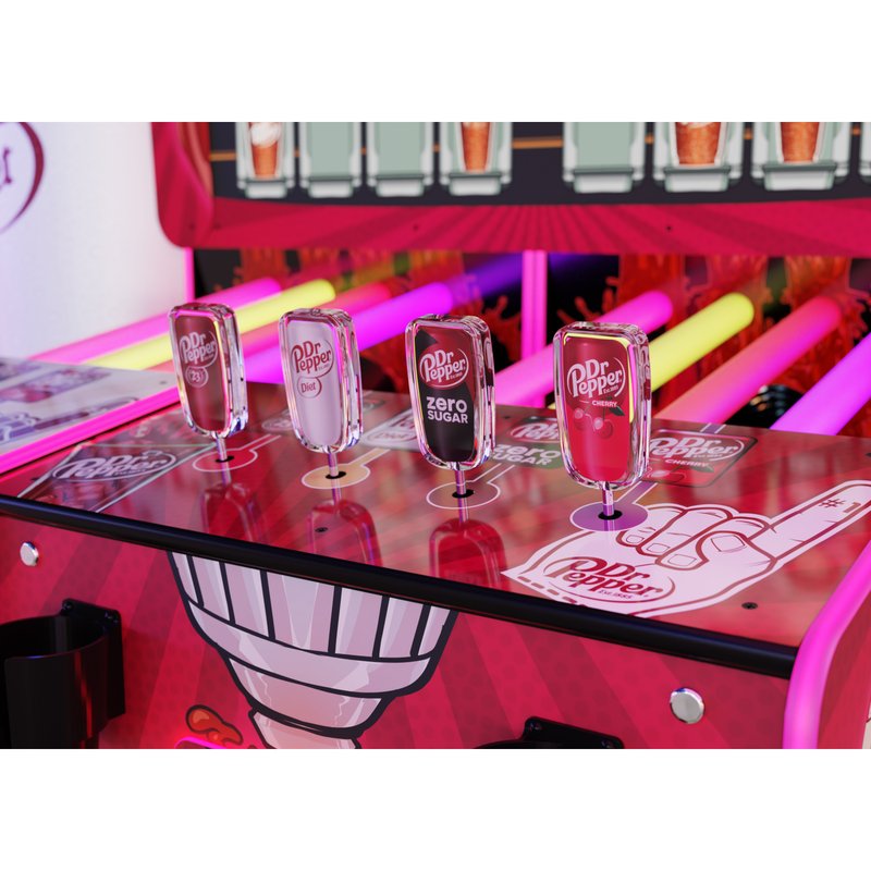 Alan-1 Dr Pepper Soda Slam arcade redemption game showing four colour-coded tap handle joysticks with Dr Pepper can images integrated into them, above the RGB LED fill up tubes.