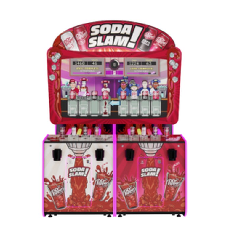 Alan-1 Dr Pepper Soda Slam Arcade Redemption Game Deluxe cabinet, front view with illuminated marquee, dual player stations and RGB LED tap handle joysticks.