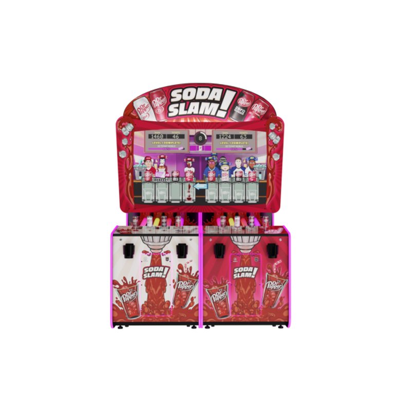 Alan-1 Dr Pepper Soda Slam Arcade Redemption Game Deluxe cabinet, front view showing dual player stations, tap handle joysticks and illuminated marquee.