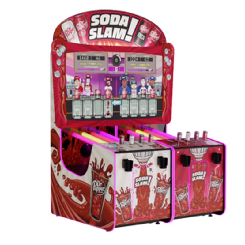 Alan-1 Dr Pepper Soda Slam arcade redemption game cabinet, commercial coin-operated machine, center three-quarter view without can props