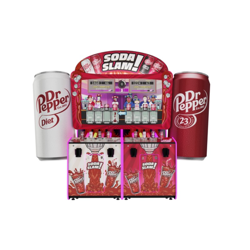 Alan-1 Dr Pepper SDX Soda Slam arcade redemption game commercial cabinet with giant Dr Pepper can props flanking monitor, three-quarter front view