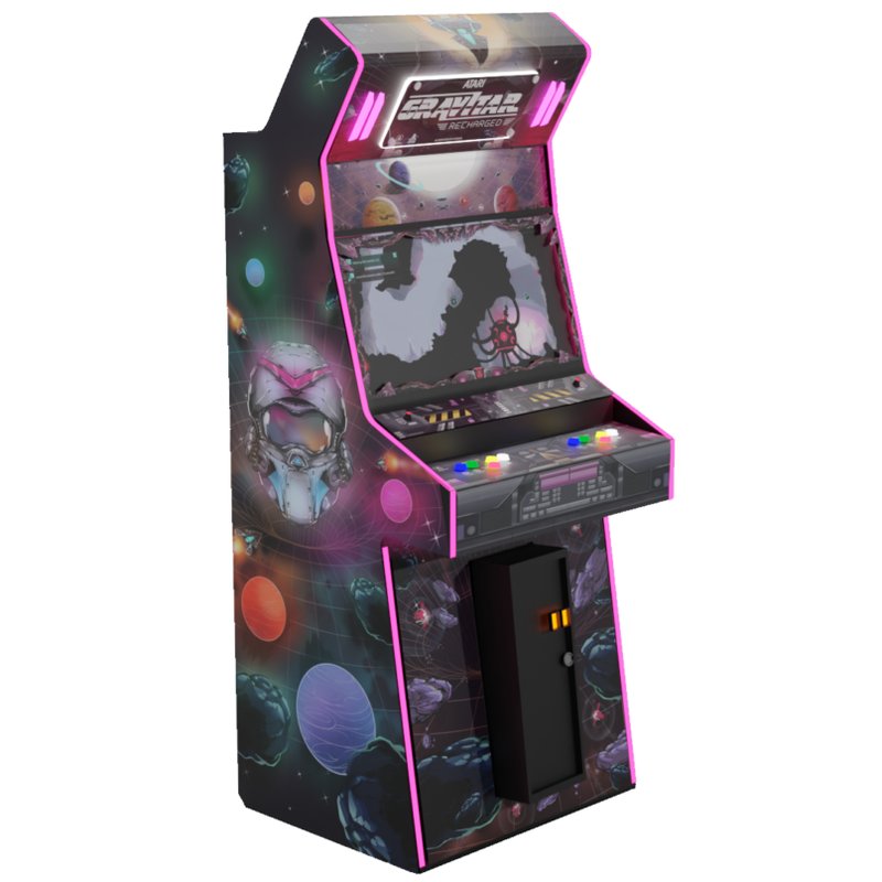 Atari Gravitar Recharged Pro+ 2 Player Arcade Cabinet, three-quarter view showing marquee, screen, control panel, and RGB LED T-molding.
