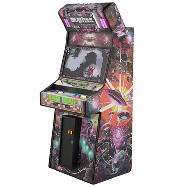 Atari Gravitar Recharged Pro 2 Player Arcade Cabinet, three-quarter view showing marquee, screen, control panel, and side art.