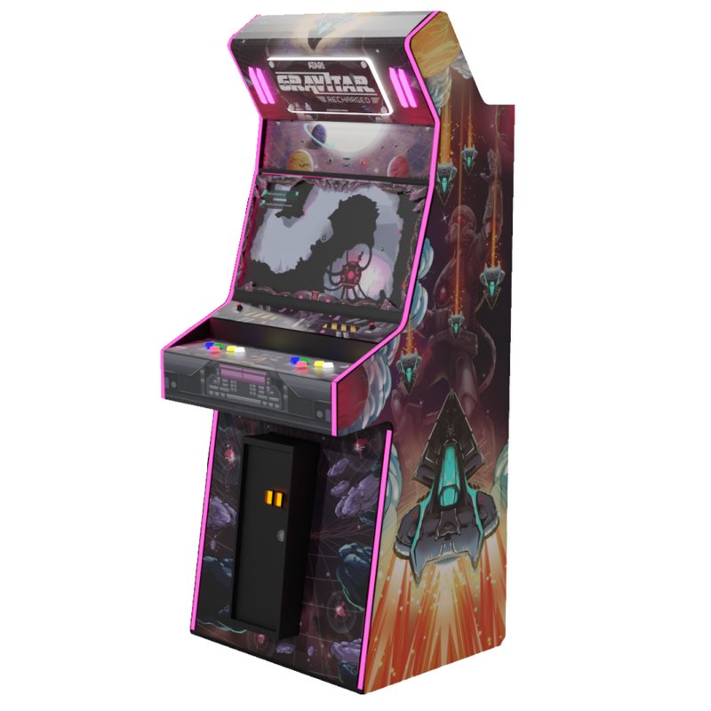 Atari Gravitar Recharged Pro+ 2 Player Arcade Cabinet, angled view showing marquee, vanguard, side art, and RGB LED T-molding.