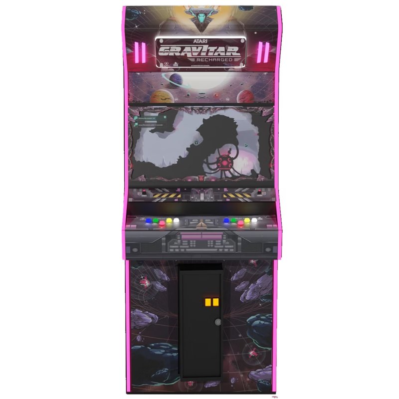 Atari Gravitar Recharged Pro 2 Player Arcade Cabinet, full front view showing marquee, panel, screen, control panel, coin door.