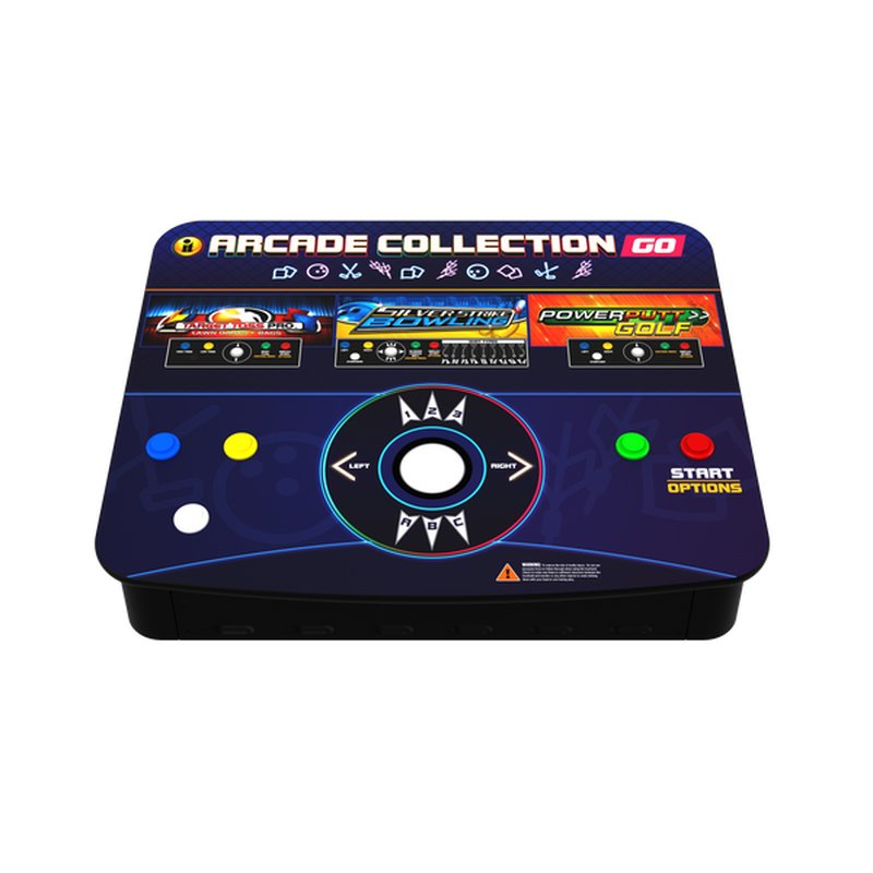 Incredible Technologies Arcade Collection GO portable arcade cabinet, home console with control panel, joystick, and colored action buttons visible from front angle.