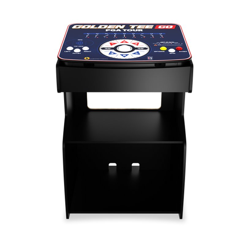 Incredible Technologies Golden Tee GO PGA TOUR Edition portable home golf arcade game cabinet, front view showing control panel and stand