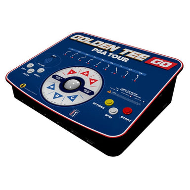 Incredible Technologies Golden Tee GO PGA Tour Edition portable home arcade golf game shown from above displaying control panel with trackball and buttons