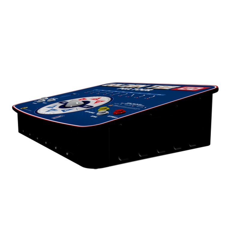 Incredible Technologies Golden Tee GO PGA TOUR Edition portable golf arcade game shown from angled view displaying blue playing surface and black cabinet base.