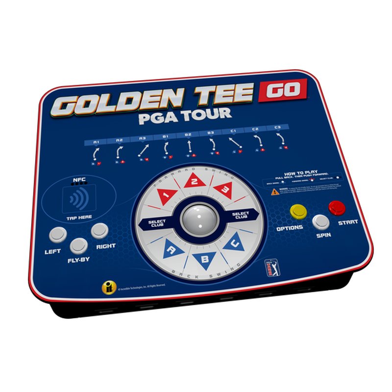 Incredible Technologies Golden Tee GO PGA Tour portable home arcade game with trackball controller and selection buttons, front view