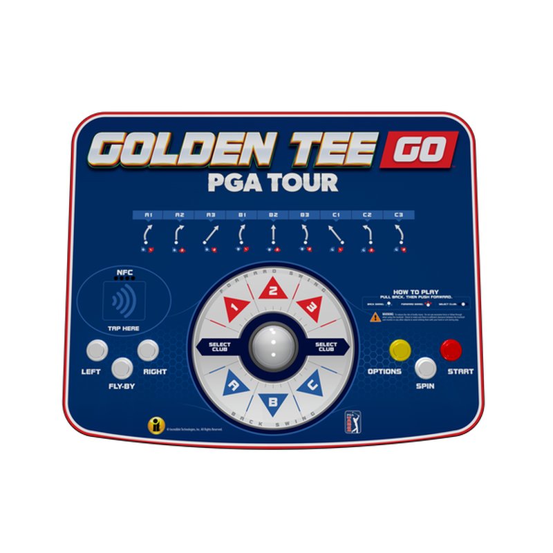 Incredible Technologies Golden Tee GO PGA Tour Edition home arcade game showing full control panel with trackball, buttons, and golf club selection wheel