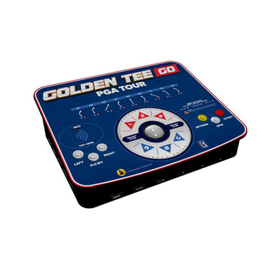 Incredible Technologies Golden Tee GO PGA Tour Edition portable golf arcade game, home use, angled front view showing control panel and trackball interface.