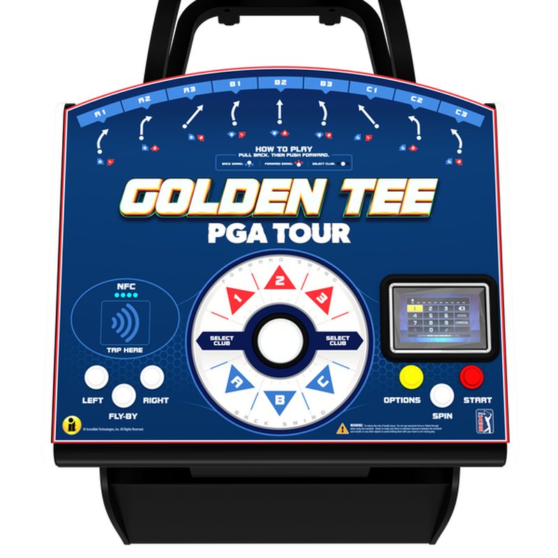 Incredible Technologies Golden Tee PGA Tour home arcade golf cabinet front view showing control panel with trackball, buttons, and display screen