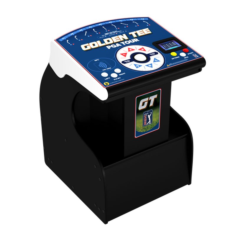 Incredible Technologies Golden Tee PGA TOUR Showpiece PRO home arcade golf cabinet, front three-quarter view showing blue control panel and black base unit
