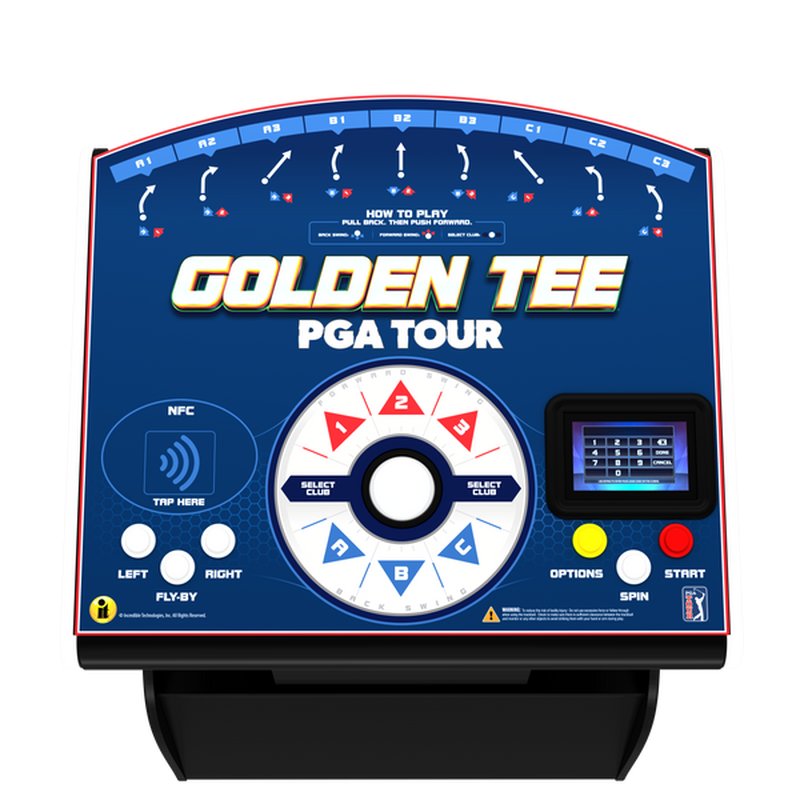 Incredible Technologies Golden Tee PGA Tour home arcade golf cabinet front view showing trackball controls, button layout, and display screen